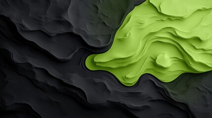 Abstract landscape, dark gray and lime green, textured, 3D relief