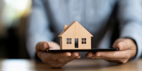 Realtor Analyzing Housing Market Trends with a Wooden House Model and Tablet in a Modern Office Setting