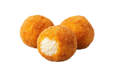 Three crispy fried cheese balls with creamy center on black background, cut out