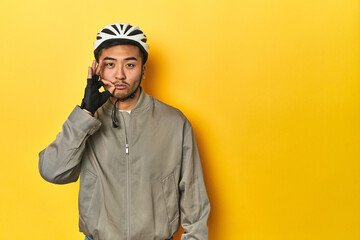 Asian man in bike helmet and gloves, yellow studio backdrop with fingers on lips keeping a secret.