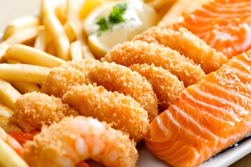 Delicious Crispy Fried Shrimp, Salmon, and French Fries