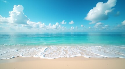Obraz premium Tropical beach with turquoise ocean waves, golden sand and blue sky with white clouds. Coastal summer landscape