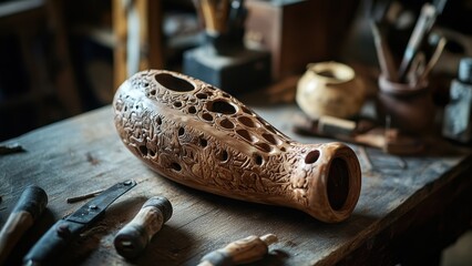 Intricately Carved Wooden Musical Instrument on Artisan's Table