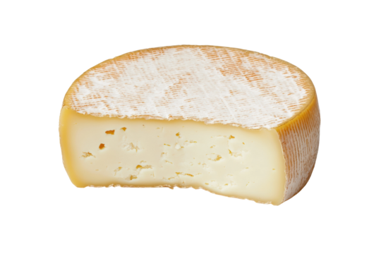 Semi-hard cheese wheel with textured rind and cut revealing creamy interior, cut out