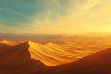 Naklejka premium Aerial view of desert landscape with sand dunes under a golden sunset and a blue sky above it all