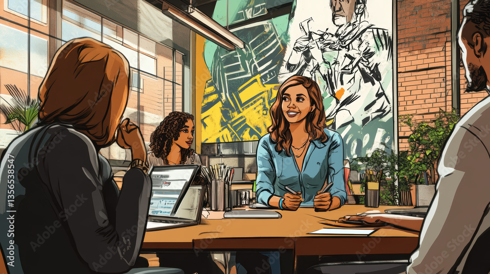 Poster group of diverse individuals sitting around a conference table during a creative group interview led