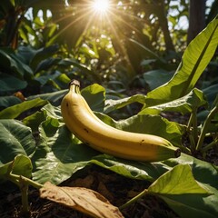 A ripe banana lying on a bed of leaves with sunlight filtering through.


