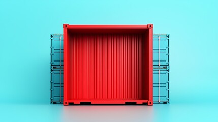 Red shipping container against light blue background