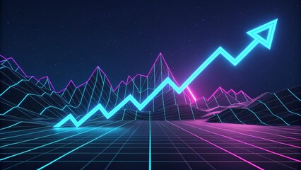 Naklejka premium neon arrow graph, upward trend, glowing blue and pink, retro synth wave aesthetic, digital landscape, geometric grid, 3D rendering, vibrant colors, futuristic design, dark background