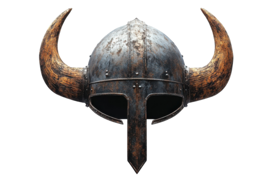 A Weathered Viking Helmet With Majestic Horns, A Relic Of Epic Battles And Courageous Norse Warriors, Against A Stark White Backdrop Isolated on Transparent Background