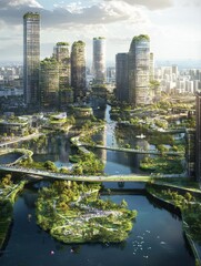 Naklejka premium An innovative urban planning project that integrates green spaces and smart technology for sustainable city living.