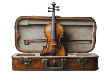 A Weathered Violin Rests Gently In Its Antique Case, A Silent Story Of Melodies Past And Future Musical Adventures Yet To Come, Showcasing Rich Wood Tones Against A Stark White Backdrop Isolated on Tr