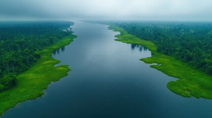 Fototapeta premium Serene River in Lush Rainforest: An Aerial View