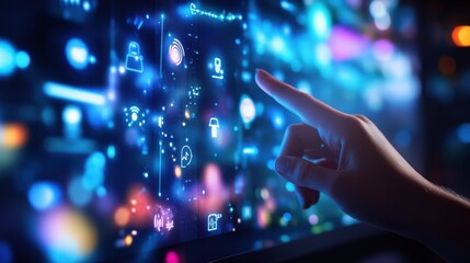 Fototapeta premium Human Hand Interacting with Digital Interface and Colorful Icons
