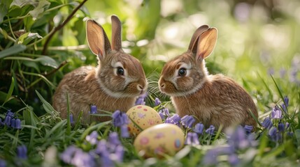 Fototapeta premium Bunnies explore colorful Easter eggs among blooming flowers during a festive spring celebration