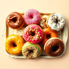 A delicious assortment of colorful and glazed donuts on a tray, top-view