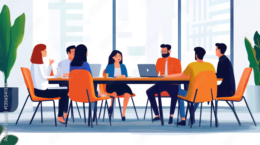 Poster Group of individuals seated around a table engaged in a collaborative discussion during a team-based hiring assessment process