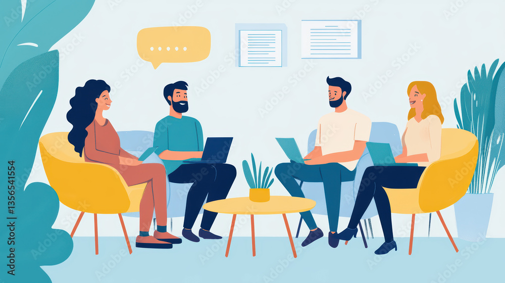 Poster three individuals sitting together in a room engaged in a thoughtful conversation during a group dis