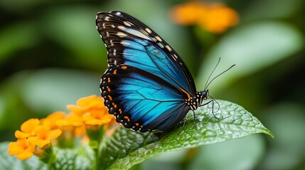 Obraz premium Graceful Blue Butterfly Resting on Lush Green Leaf in a Vibrant Natural Setting Capturing Tranquility