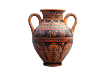An Ancient Greek Amphora, A Timeless Vessel Adorned With Intricate Black-figure Floral Patterns And Geometric Designs, Evoking A Sense Of History And Elegance Against A Clean Isolated on Transparent B