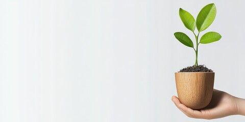 Strategic planning resources sustainability concept. Hand holding a potted plant with fresh green leaves.
