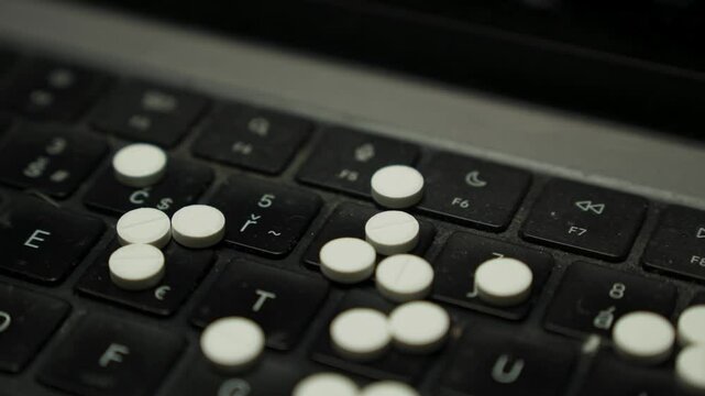 Health Medication pills spilled over laptop keyboard CLOSE-UP