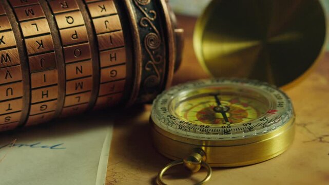 Escape room Mystery clue objects, Compass and cryptex word puzzle CLOSE-UP