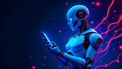 Fototapeta premium A futuristic illustration of a robot sitting inside a smartphone, surrounded by abstract digital elements, blending technology, music, and space themes, with a vibrant, party-like atmosphere.