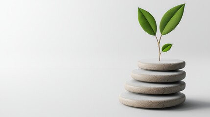 Strategic planning resources sustainability concept. Green plant sprouting from stacked stones on a smooth surface.