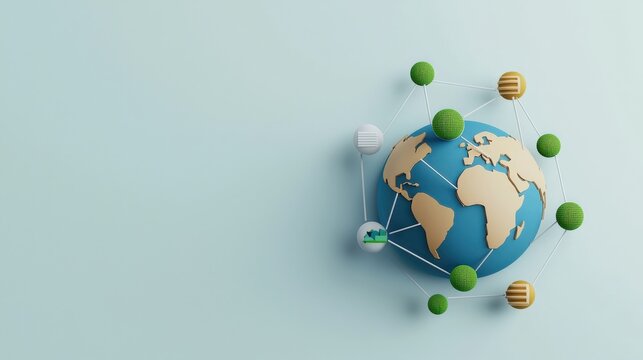 Strategic planning resources sustainability concept. 3D globe with connected green elements on a light background.