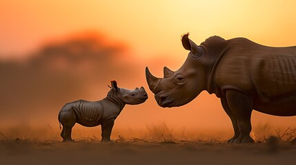 Fototapeta premium Rhino mother and calf at sunset