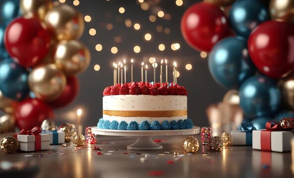 Birthday cake with lit candles, adorned with fresh fruit, is the centerpiece of a festive celebration with falling confetti and balloons