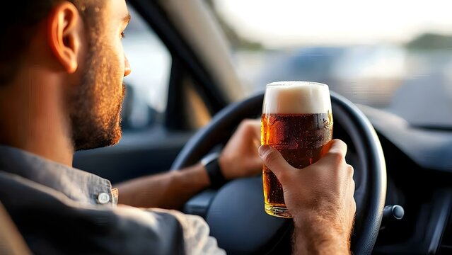 A person driving a car while holding a glass of beer. Concept Distracted Driving Risks, Alcohol Consumption Safety, Responsible Drinking, Legal Implications, Driving Under Influence