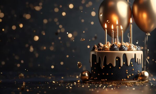 Delicious black and gold birthday cake with lit candles, surrounded by balloons and falling confetti, creating a festive atmosphere