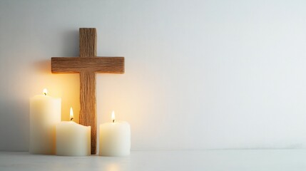 Naklejka premium Serene Wooden Cross with Candles on White Background