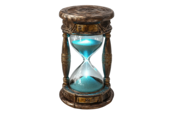 An Antique Hourglass Glows With Teal Sand, A Mystical Timepiece Marking The Fleeting Moments Of Life Against A Clean Isolated on Transparent Background