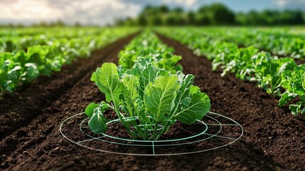 Strategic planning resources sustainability concept. Vibrant green plant growing in a cultivated...