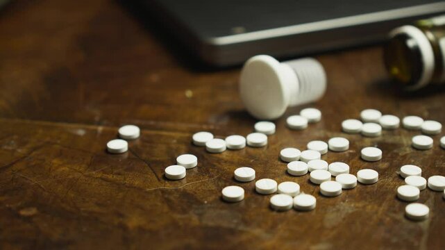 Drug Medication tablets spilled over work desk in ominous dark scene