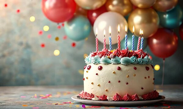 Festive birthday cake with lit candles sits on a table amidst falling confetti and balloons, creating a joyful celebration atmosphere