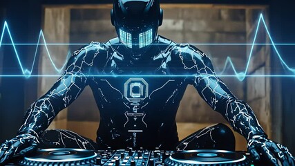 Futuristic dj robot mixing in sync with pulsating light waves in hightech club - Powered by Adobe