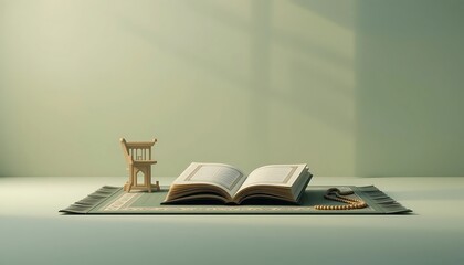 Open Quran, prayer rug, and prayer beads: A peaceful Islamic setting.