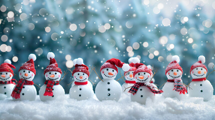 Merry Christmas and Happy New Year Winter Scene with Snowman,Santa hat,Christmas Tree,Golden snow flakes and Golden Decorations on Winter Snow Background, Generative AI