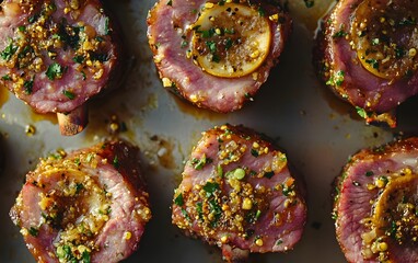 Obraz premium Herb Crusted Roasted Pork Belly Slices with Lemon