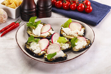 Grilled eggplant with cheese and radish