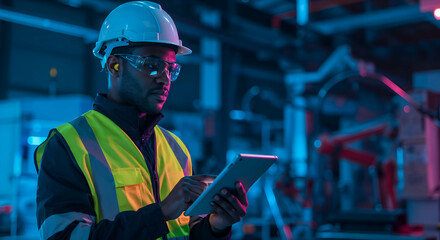 Smart industry concept, close up an engineer holding a control tablet with blurred automation machine background