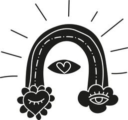 groovy easter Illustration of a whimsical rainbow with hearts and eyes. in doodle flat glyph style