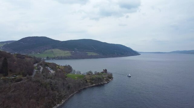 aerial footage of scenic Urquhart castle in loch ness