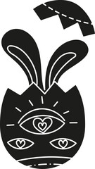 groovy easter Abstract black rabbit with hearts and eyes, playful design element. in doodle flat glyph style