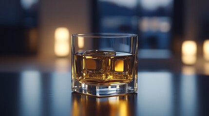 Whiskey glass with ice on table.