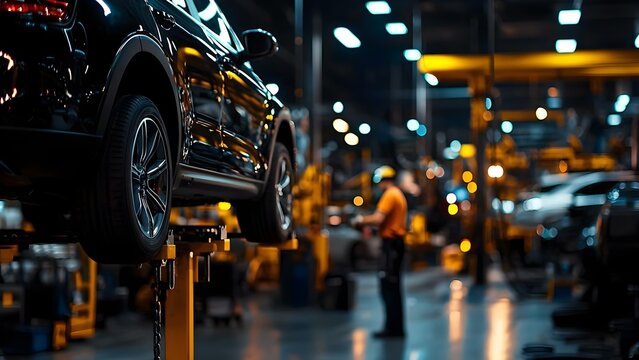 A car elevated on a lift in an industrial workshop, with mechanics and equipment visible in a blurred, busy background. Concept Industrial Workshop Setting, Car Maintenance, Mechanics at Work